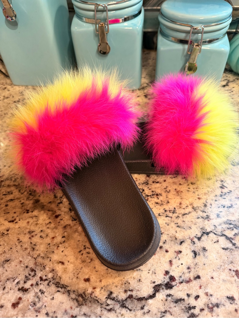 Black Slides with Neon Pink and Yellow Fur Strap